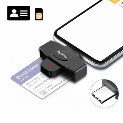 Rocketek USB-C Smart Card Reader for Secure ID Access connected to smartphone reading government ID card for secure logins