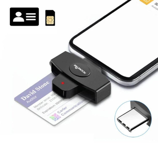 Rocketek USB-C Smart Card Reader for Secure ID Access connected to smartphone reading government ID card for secure logins