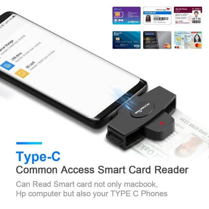 Rocketek USB-C Smart Card Reader for Secure ID Access — Type-C smart card reader connected to phone with inserted ID and multiple card types