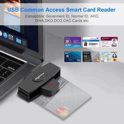 Rocketek USB-C Smart Card Reader for Secure ID Access showing reader connected to laptop with various ID and payment cards