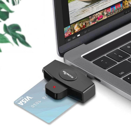 Rocketek USB-C Smart Card Reader for Secure ID Access connected to laptop with a Visa card inserted for secure login and transactions