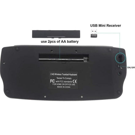 Compact Wireless Trackball Keyboard and Mouse Set for Computing rear view showing battery compartment, USB mini receiver and on/off switch