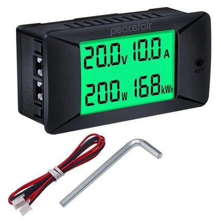 Peacefair DC Power Monitor for Daily Energy Usage Tracking showing voltage, current, power and kWh on a green LCD display