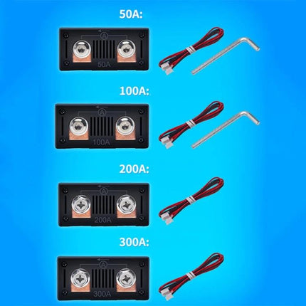 Peacefair DC Power Monitor for Daily Energy Usage Tracking showing 50A, 100A, 200A, 300A shunt modules with wiring and Allen key on blue background