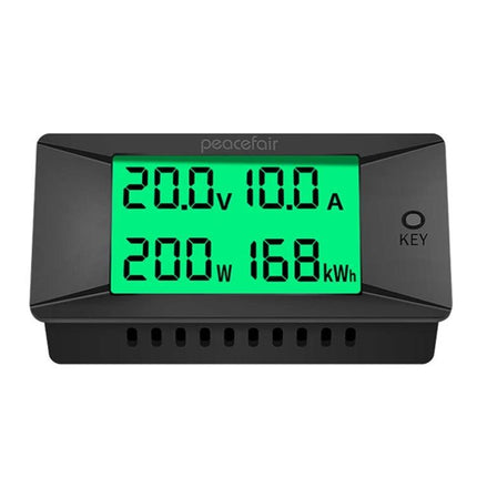Peacefair DC Power Monitor for Daily Energy Usage Tracking showing 20.0V 10.0A 200W 168kWh on green LCD for solar or EV charging monitoring