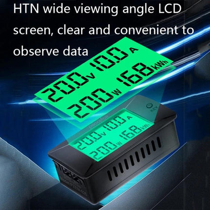 Peacefair DC Power Monitor for Daily Energy Usage Tracking - green HTN wide viewing angle LCD display showing voltage, current and kWh