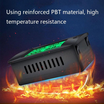 Peacefair DC Power Monitor for Daily Energy Usage Tracking showing black PBT housing and green display measuring voltage and current