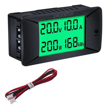 Peacefair DC Power Monitor for Daily Energy Usage Tracking — digital DC voltage current power meter with green backlit display for solar/EV