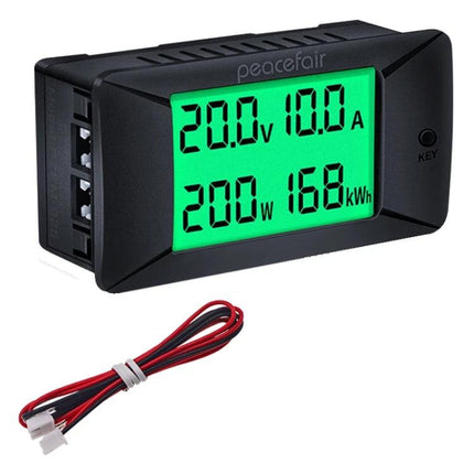 Peacefair DC Power Monitor for Daily Energy Usage Tracking - black DC panel meter displaying 20.0V 10.0A 200W 168kWh with wiring harness