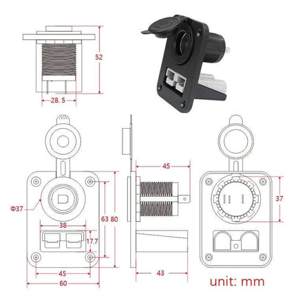 Andersen 12V USB Car Lighter Panel For Vehicle Use compact black panel with dual USB ports and dimensions diagram