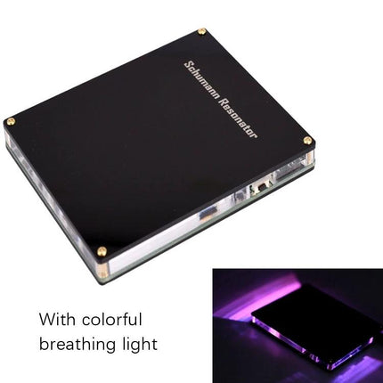 Schumann Resonator Device for Daily Relaxation and Wellness black compact unit with colorful breathing LED light on table