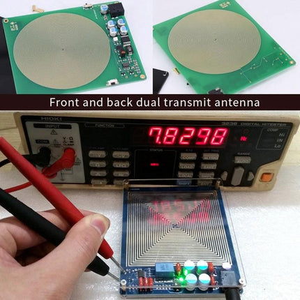Schumann Resonator Device for Daily Relaxation and Wellness - circuit board with dual transmit antenna and frequency meter showing 7.8298 Hz