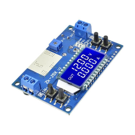 Adjustable Voltage Regulator with LCD Display for Electronic Projects blue PCB module showing LCD readout and adjustment knobs