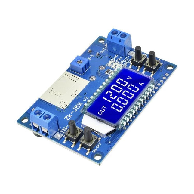 Adjustable Voltage Regulator with LCD Display for Electronic Projects blue PCB module showing LCD readout and adjustment knobs