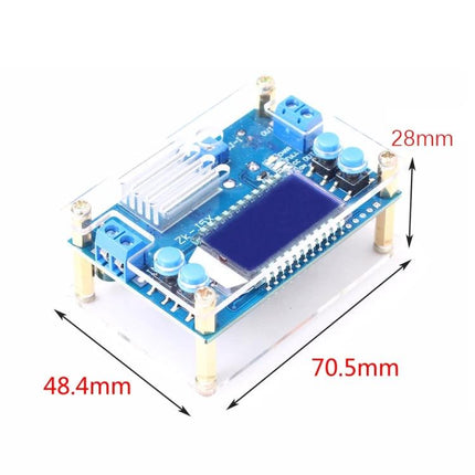 Adjustable Voltage Regulator with LCD Display for Electronic Projects showing module dimensions, buttons, terminals and LCD screen