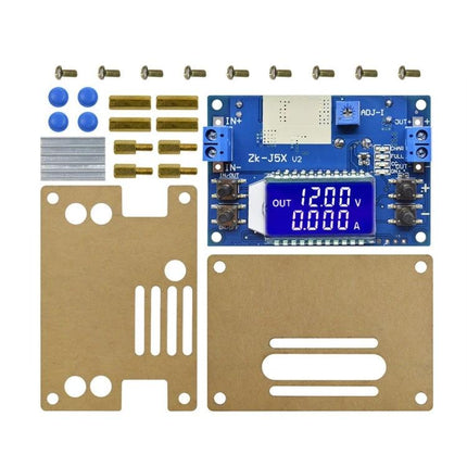 Adjustable Voltage Regulator with LCD Display for Electronic Projects - blue module showing 12.00V readout and mounting kit