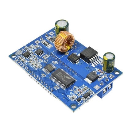 Adjustable Voltage Regulator with LCD Display for Electronic Projects blue PCB module showing coils, capacitors and ICs for precise voltage control