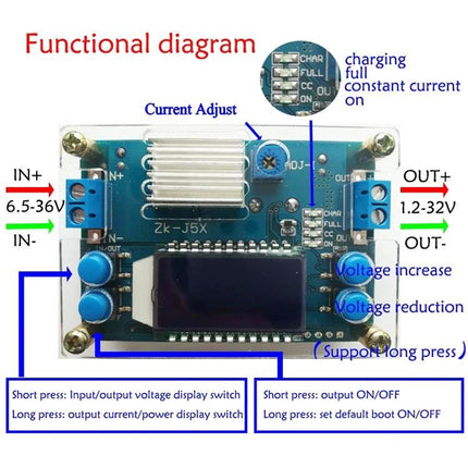 Adjustable Voltage Regulator with LCD Display for Electronic Projects showing input/output terminals, LCD, control buttons and labeled adjustments