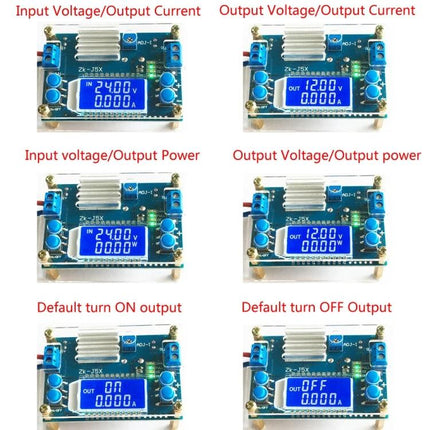 Adjustable Voltage Regulator with LCD Display for Electronic Projects showing input/output voltage and current readings on blue LCD