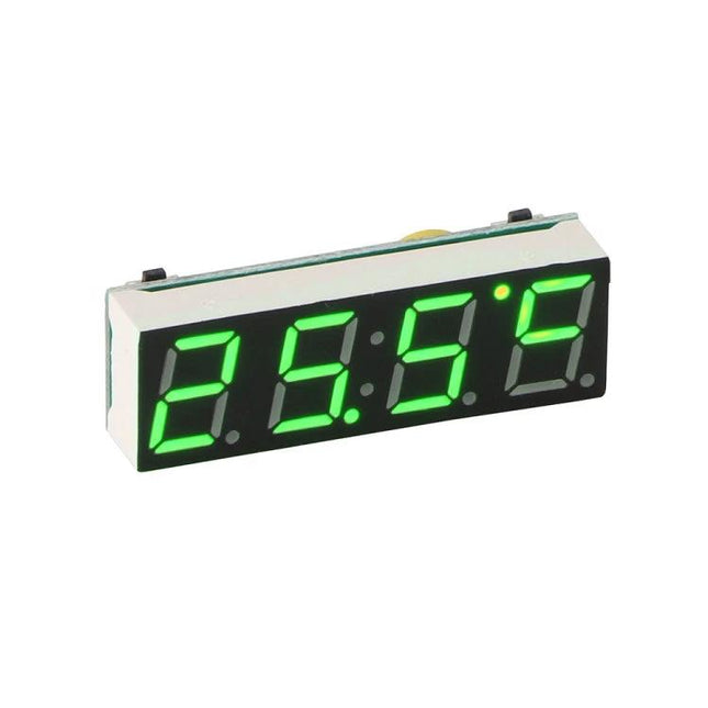 Versatile Digital Clock with Thermometer and Voltmeter Functions compact green LED module showing time and temperature for electronics and automotive use