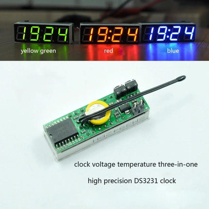 Versatile Digital Clock with Thermometer and Voltmeter Functions compact module showing LED time displays in yellow-green, red, blue and PCB with DS3231 and probe