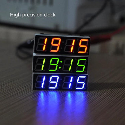 Versatile Digital Clock with Thermometer and Voltmeter Functions compact LED module showing three colored time displays for electronics and automotive projects