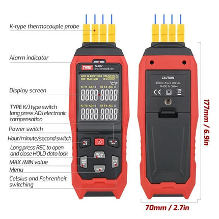 K-Type Thermocouple Probe Thermometer for Temperature Monitoring - handheld K-type probe meter with labeled display and controls
