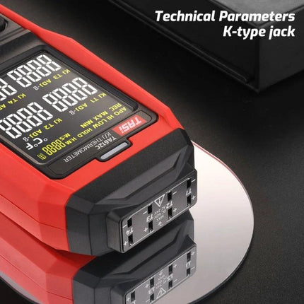 K-Type Thermocouple Probe Thermometer for Temperature Monitoring showing red handheld unit with display and K-type jack