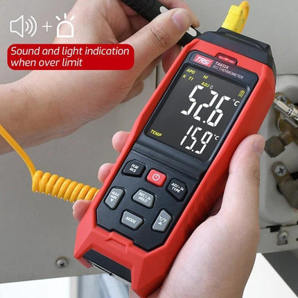 K-Type Thermocouple Probe Thermometer for Temperature Monitoring handheld in-use showing 52.6°C and 15.9°C on digital display
