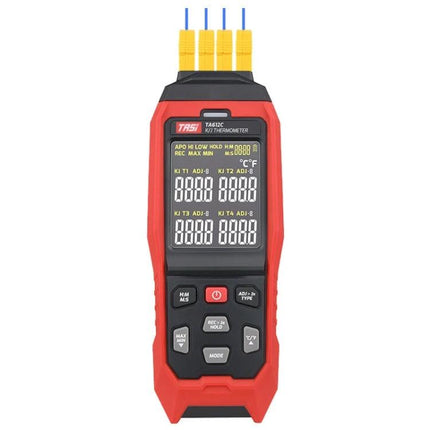 K-Type Thermocouple Probe Thermometer for Temperature Monitoring handheld with four yellow probe connectors and digital display for lab, kitchen, industrial use