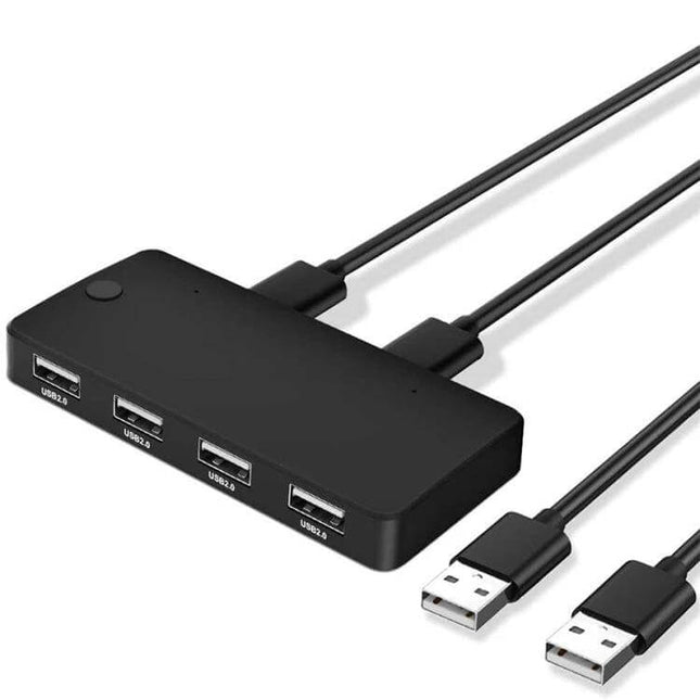 Four-Port USB Hub for Sharing Devices Between Two Computers - black compact hub with four USB-A ports and dual host cables for easy peripheral switching