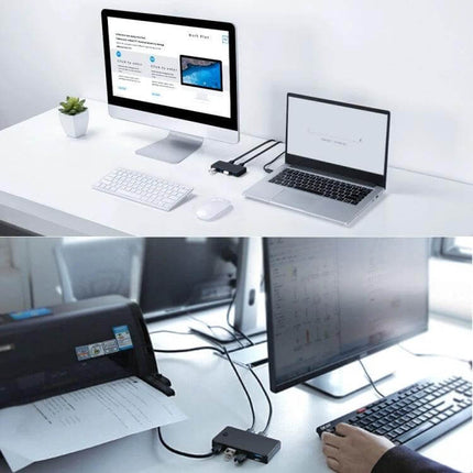 Four-Port USB Hub for Sharing Devices Between Two Computers on a tidy desk connecting monitor laptop keyboard and mouse