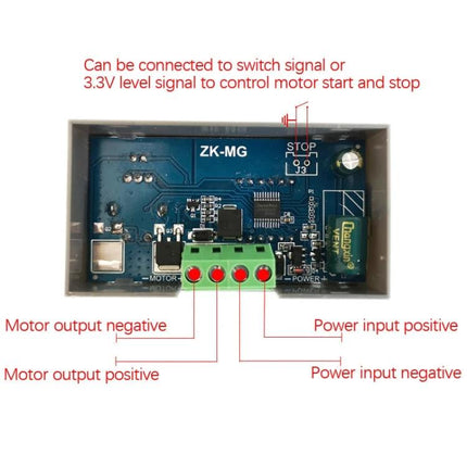 ZK-MG PWM DC Motor Speed Controller with Digital Display circuit board showing motor and power terminals and labeled connections
