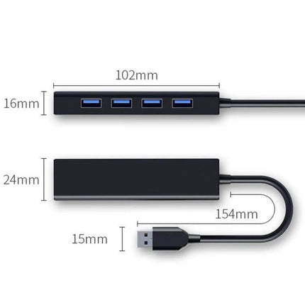 Compact Four-Port USB Hub for Connecting Devices Daily – slim black USB 2.0 hub with four blue ports and attached 154mm cable, 102x24x16mm dimensions