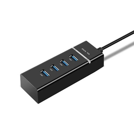 Compact Four-Port USB Hub for Connecting Devices Daily - black compact USB 2.0 hub with four blue ports, cable for home office to reduce cable clutter