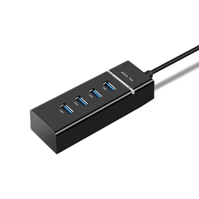 Compact Four-Port USB Hub for Connecting Devices Daily - black compact USB 2.0 hub with four blue ports, cable for home office to reduce cable clutter
