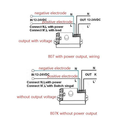 Microwave Radar Sensor for Indoor Human Motion Detection wiring diagram showing 12-24VDC IN, outputs and electrode connections