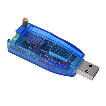 Adjustable USB Power Supply Regulator for Electronic Devices showing blue USB module with digital voltmeter and adjustable knob