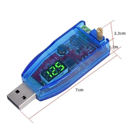 Adjustable USB Power Supply Regulator for Electronic Devices with clear blue case, LED voltage display and adjustable knob