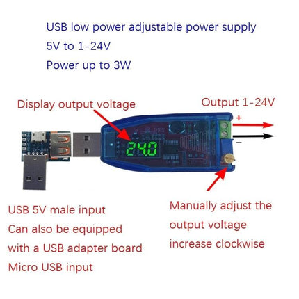 Adjustable USB Power Supply Regulator for Electronic Devices compact USB 1–24V adjustable regulator with display and micro USB input