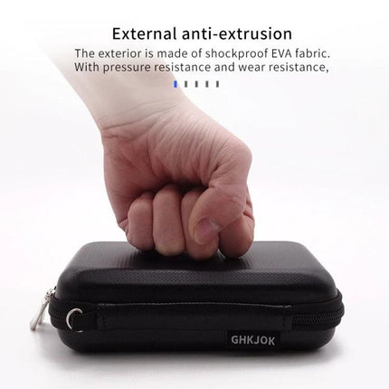 ChkJok EVA Hard Shell Bag for Mobile Hard Disk Protection showing hand pressing down to demonstrate shockproof, water‑resistant EVA exterior and zipper case