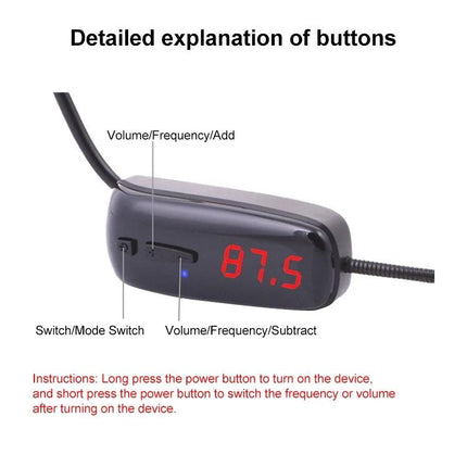 Mini Headset Microphone for Daily Presentations and Talks - closeup of FM display and control buttons showing 87.5 frequency, power and volume controls
