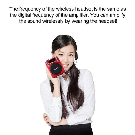 Mini Headset Microphone for Daily Presentations and Talks worn by presenter holding red wireless amplifier, hands-free microphone for classroom and meetings