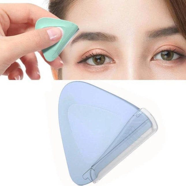 2 Piece Purple And Green Small Triangular Eyebrow Trimmer shown grooming brows with triangular razor and protective cover for precise shaping