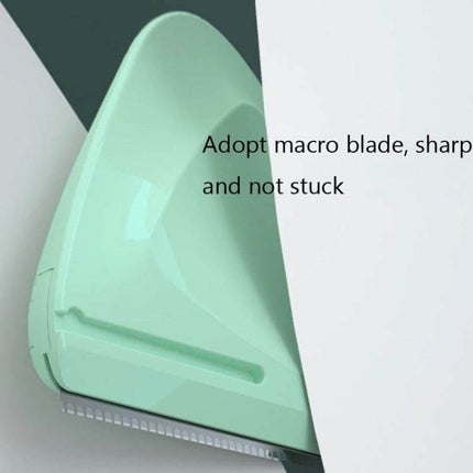 2 Piece Purple And Green Small Triangular Eyebrow Trimmer showing close-up of mint green triangular razor head with stainless steel blade and protective cover