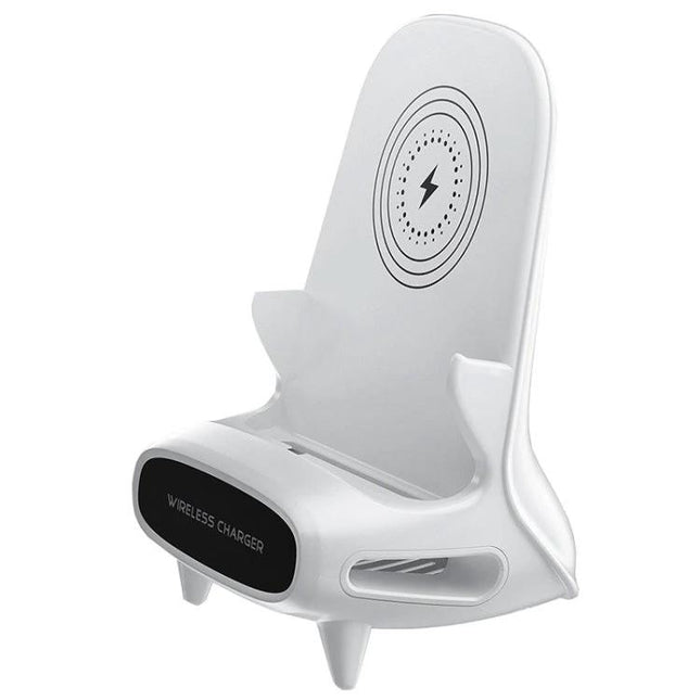 15W Loudspeaker Wireless Charge Stand For 4.5 To 11 Inch Phones And Tablets white angled view showing speaker grille large base and phone cradle