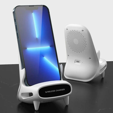 15W Loudspeaker Wireless Charge Stand For 4.5 To 11 Inch Phones And Tablets in white showing phone docked vertically and speaker vent design