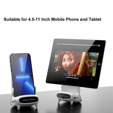 15W Loudspeaker Wireless Charge Stand For 4.5 To 11 Inch Phones And Tablets - white angled stand showing phone and tablet upright, speaker grill and stable base