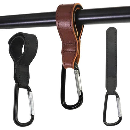 Two Pack Baby Stroller Carabiner Hooks, Brown and Black - leather stroller hooks with metal carabiners for hanging bags and bottles