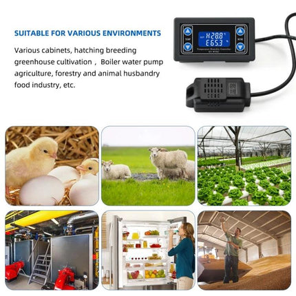 Automatic Temperature and Humidity Control Panel for Daily Use showing compact panel with sensor and examples: greenhouse, poultry, livestock, refrigeration